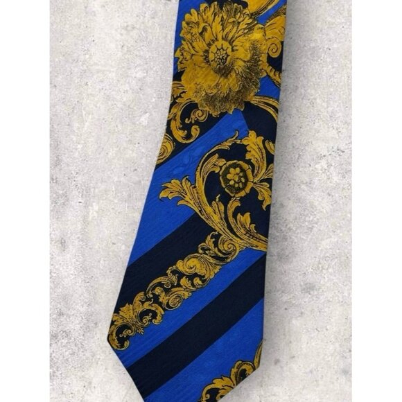 ERVÉ JACQUES Silk Tie ITALY Navy Blue Gold Striped Baroque W:3.8" EUC - Picture 5 of 5